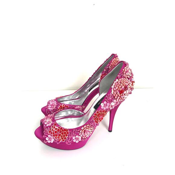 Nina Sadi Fuchsia Flower Sequins Platform High Heel Peep Toe Sandals Size 8 - Picture 6 of 8